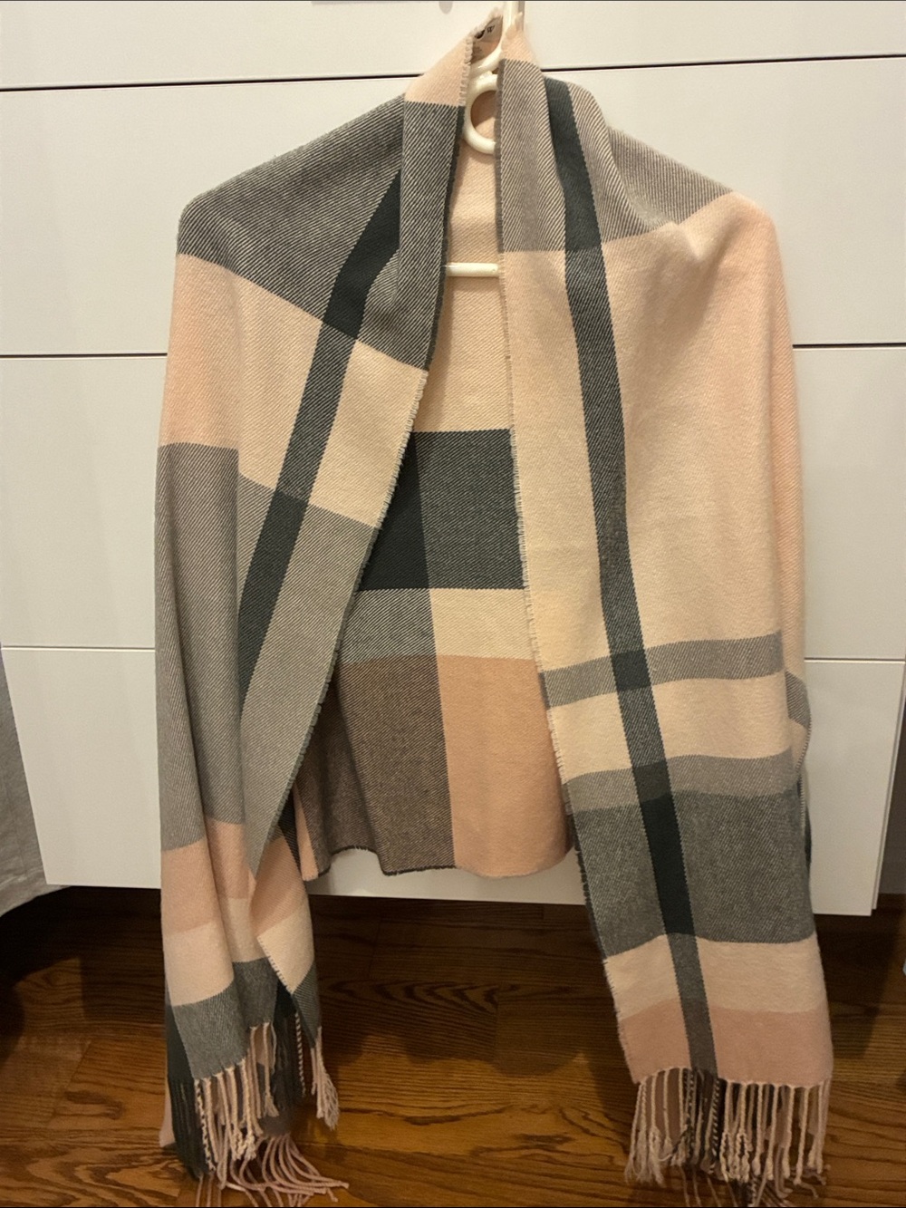 J. Crew Plaid Fringe Knit Wrap in Pink, Gray & Cream